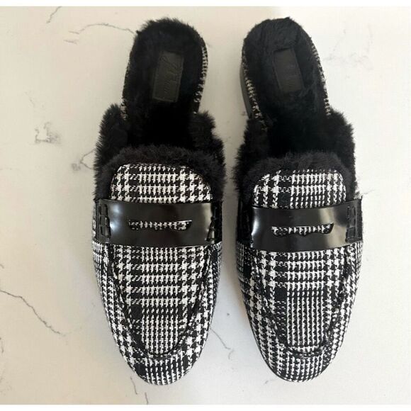 J Crew Academy faux fur loafer mule glen plaid size 7.5 - Picture 1 of 5